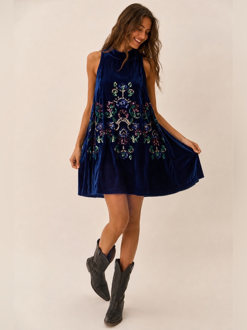Free People M Y2K Blue Velvet Sequin Floral Flowy Swing Dress Boho Party Whimsy